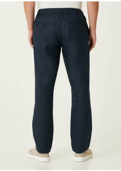 Lacivert Beli Kordonlu Keten Pantolon