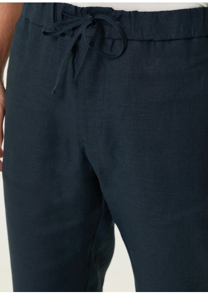 Lacivert Beli Kordonlu Keten Pantolon