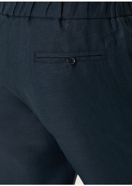 Lacivert Beli Kordonlu Keten Pantolon
