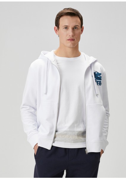 Beyaz Kapüşonlu Logo Nakışlı Sweatshirt