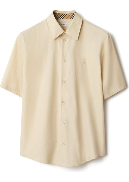 Ros Krem Rengi Pamuklu Kısa Kollu Slim Fit Erkek Gömlek