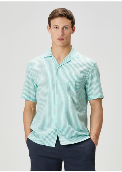 Camicia Turkuaz Beyaz Çizgili Kısa Kollu Gömlek