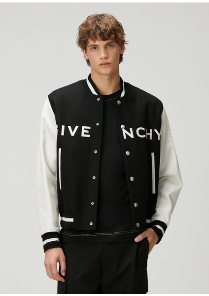 Siyah Beyaz Yün Varsity Mont