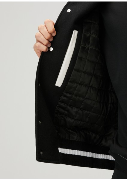 Siyah Beyaz Yün Varsity Mont