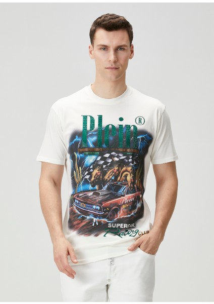 Beyaz Figür Baskılı Logo Detaylı T-Shirt