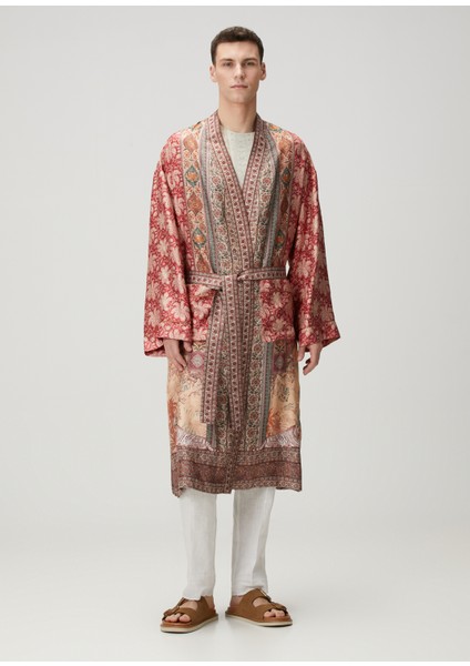 Kırmızı Etnik Desenli Ipek Kimono