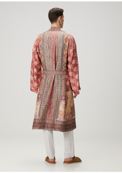 Kırmızı Etnik Desenli Ipek Kimono