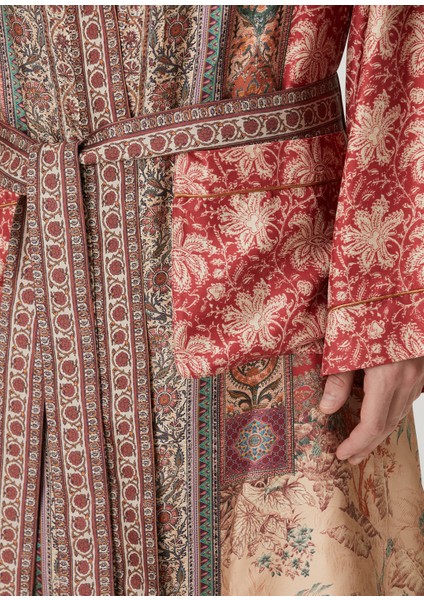 Kırmızı Etnik Desenli Ipek Kimono