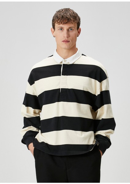 Siyah Beyaz Polo Yaka Sweatshirt