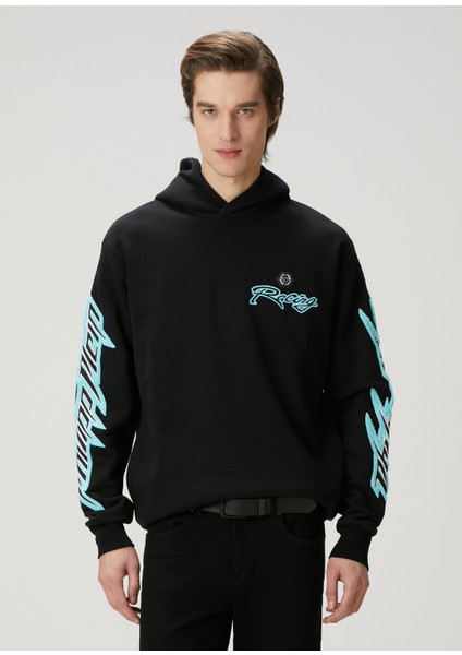 Siyah Mavi Kapüşonlu Sweatshirt