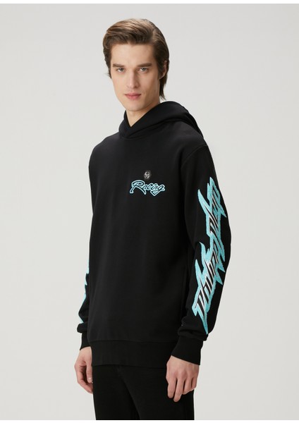 Siyah Mavi Kapüşonlu Sweatshirt