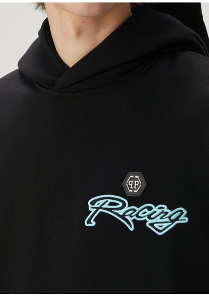 Siyah Mavi Kapüşonlu Sweatshirt