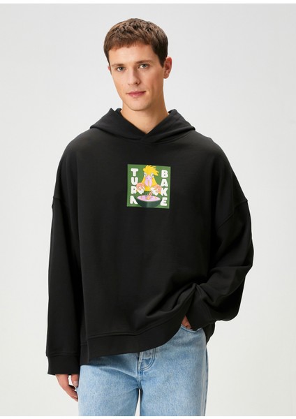 Recipe Siyah Baskılı Kapüşonlu Erkek Sweatshirt