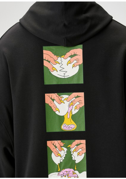Recipe Siyah Baskılı Kapüşonlu Erkek Sweatshirt