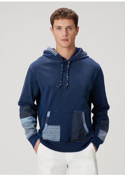 Indigo Kapüşonlu Patchwork Detaylı Sweatshirt