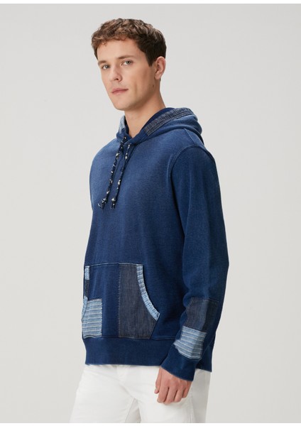 Indigo Kapüşonlu Patchwork Detaylı Sweatshirt