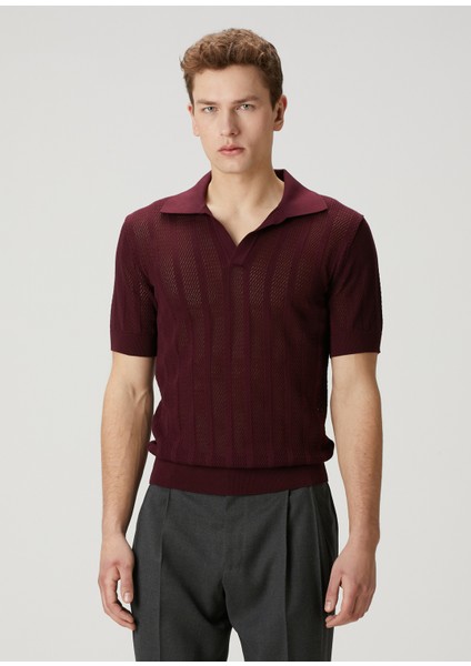 Bordo Polo Yaka Ajur Dokulu Kısa Kollu Triko