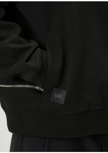Siyah Kapüşonlu Fermuar Detaylı Sweatshirt