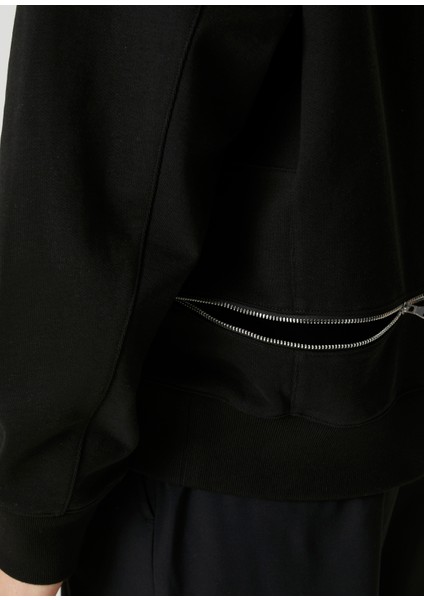 Siyah Kapüşonlu Fermuar Detaylı Sweatshirt