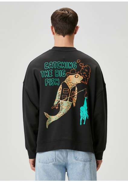 Big Fish Siyah Baskılı Uzun Kollu Erkek Sweatshirt