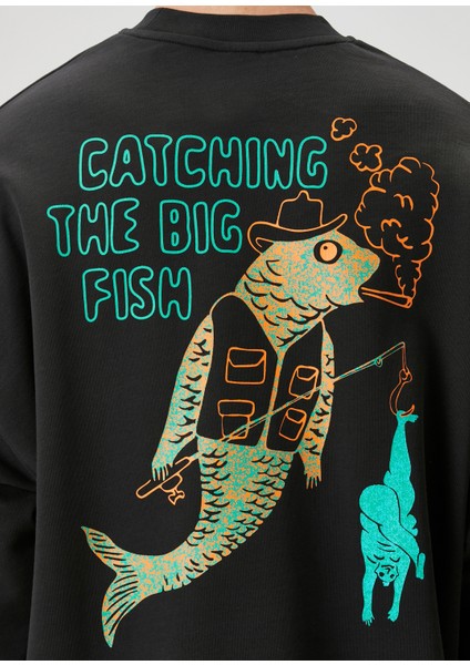 Big Fish Siyah Baskılı Uzun Kollu Erkek Sweatshirt