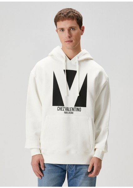 Fildişi Kapüşonlu Logo Baskılı Sweatshirt