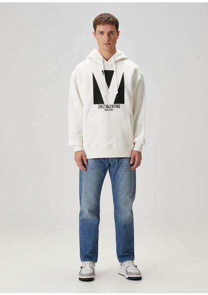 Fildişi Kapüşonlu Logo Baskılı Sweatshirt