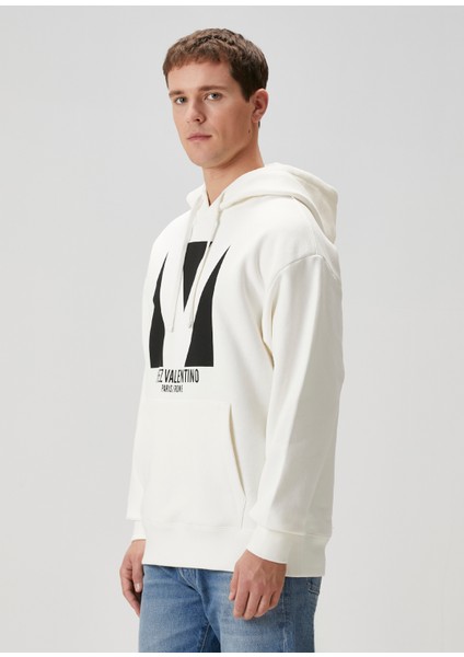 Fildişi Kapüşonlu Logo Baskılı Sweatshirt