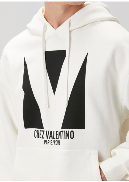 Fildişi Kapüşonlu Logo Baskılı Sweatshirt