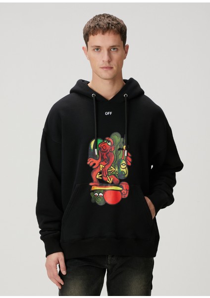 Siyah Kapüşonlu Figür Baskılı Sweatshirt