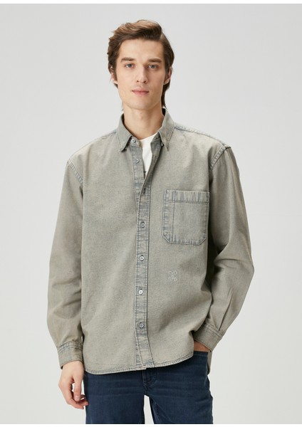 Taş Logo Nakışlı Organik Pamuk Denim Gömlek