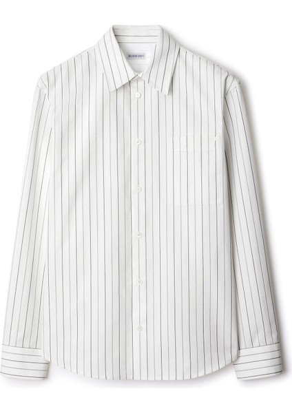 Beyaz Pamuklu Relaxed Fit Striped Uzun Kollu Erkek Gömlek