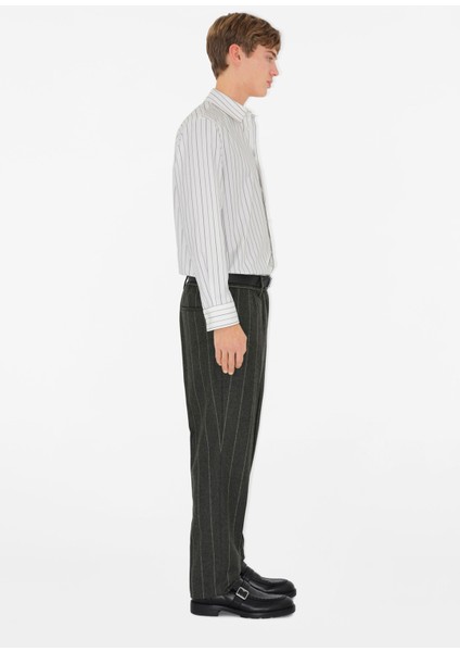 Beyaz Pamuklu Relaxed Fit Striped Uzun Kollu Erkek Gömlek