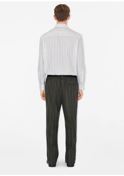 Beyaz Pamuklu Relaxed Fit Striped Uzun Kollu Erkek Gömlek