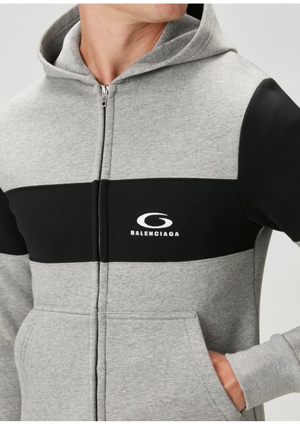 Gri Siyah Kapüşonlu Logolu Sweatshirt