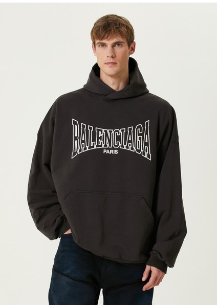 Large Fit Boxy Siyah Kapüşonlu Sweatshirt