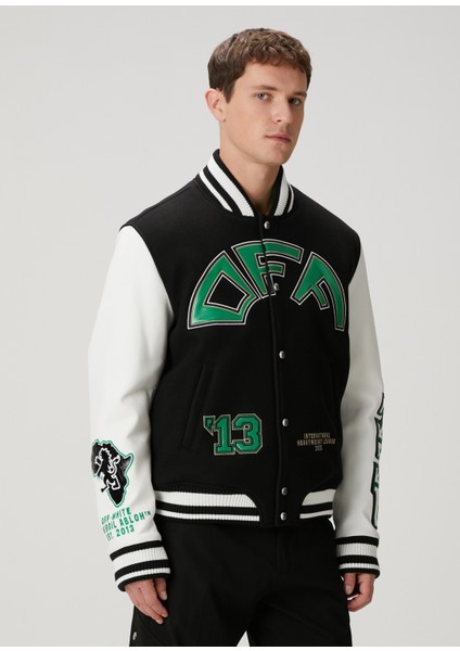Siyah Logo Detaylı Yün Bomber Ceket