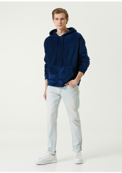 MB Lacivert Oversize Kapüşonlu Kadife Sweatshirt