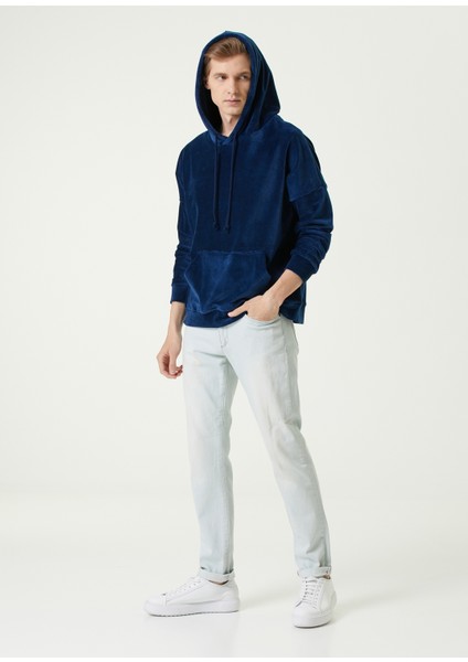 MB Lacivert Oversize Kapüşonlu Kadife Sweatshirt