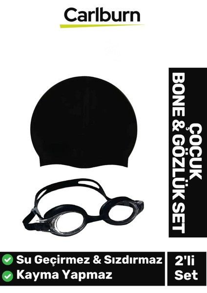 Çocuklar Için Su Geçirmez Elastik Silikon Yüzme Şapkası ve Gözlük Seti, Siyah Renk