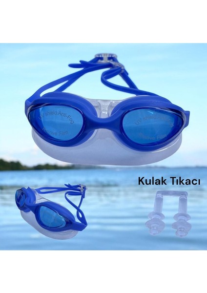 Mavi Yüzücü Gözlüğü, Kulak Tıkacı ve Saklama Kabı ile Birlikte, Deniz ve Havuz Kullanımı Için