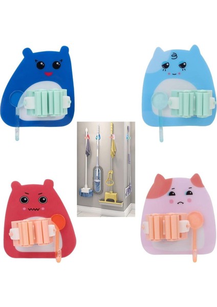 Renkli 4'lü Karikatür Figürlü Süpürge ve Fırça Sap Tutucu, Delmesiz ve Pratik Kullanım