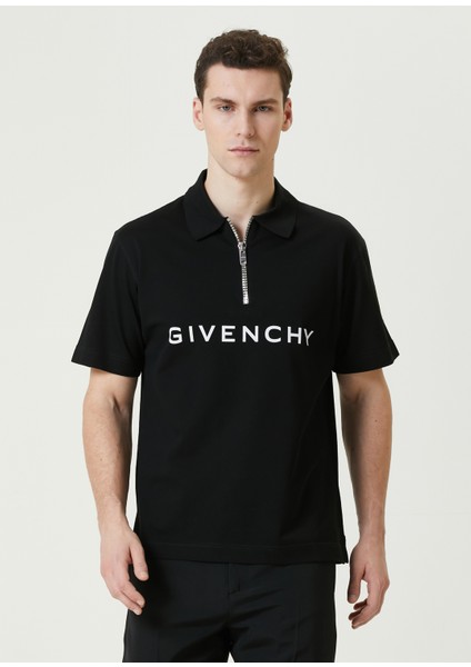 Siyah Beyaz Polo Yaka Logo Baskılı T-Shirt