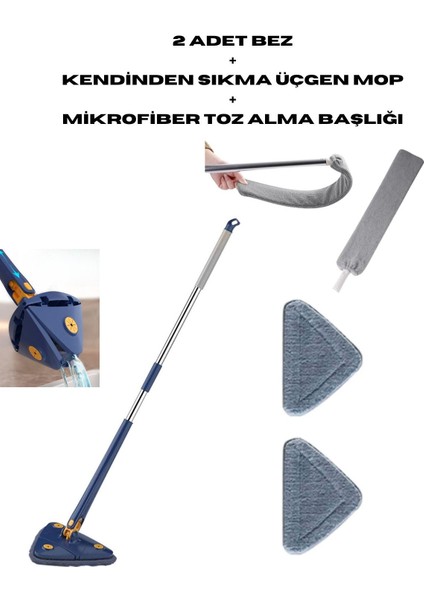 Kendinden Sıkma Üçgen Mikrofiber Mop ve Toz Alma Başlık Seti