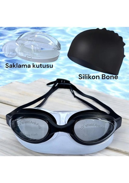 2'li Yüzücü Gözlüğü ve Kulak Tıkacı Seti, Siyah, Saklama Kutusu ile