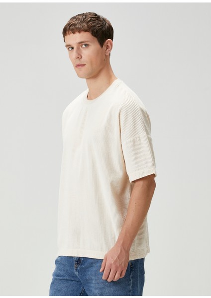 Bej Fitilli Kadife Dokulu T-Shirt