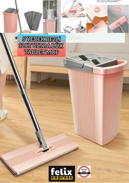 12 lt Ultra Lüx Dayanıklı Mikrofiber Mop Temizlik Seti 5'li Banyo ve Fayans İçin