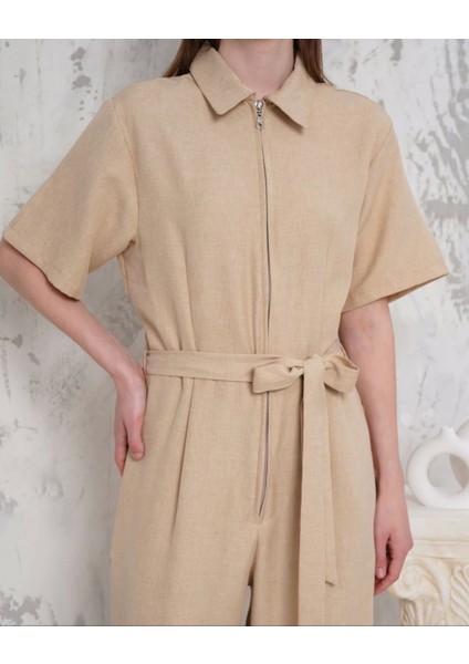 Kuşaklı Gömlek Yaka Salaş Tulum Bej S255822 fırsatları