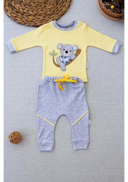 3-6 6-9 9-12 12-18 Ay Yavru Koala Nakışlı Uzun Kollu Sweat 2li Kız Erkek Bebek Takımı Sarı