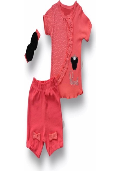 3-6 6-9 9-12 12-18 Ay Princess Taçlı Mickey Nakışlı Şort Tişört 3lü Kız Bebek Takımı Nar Çiçeği